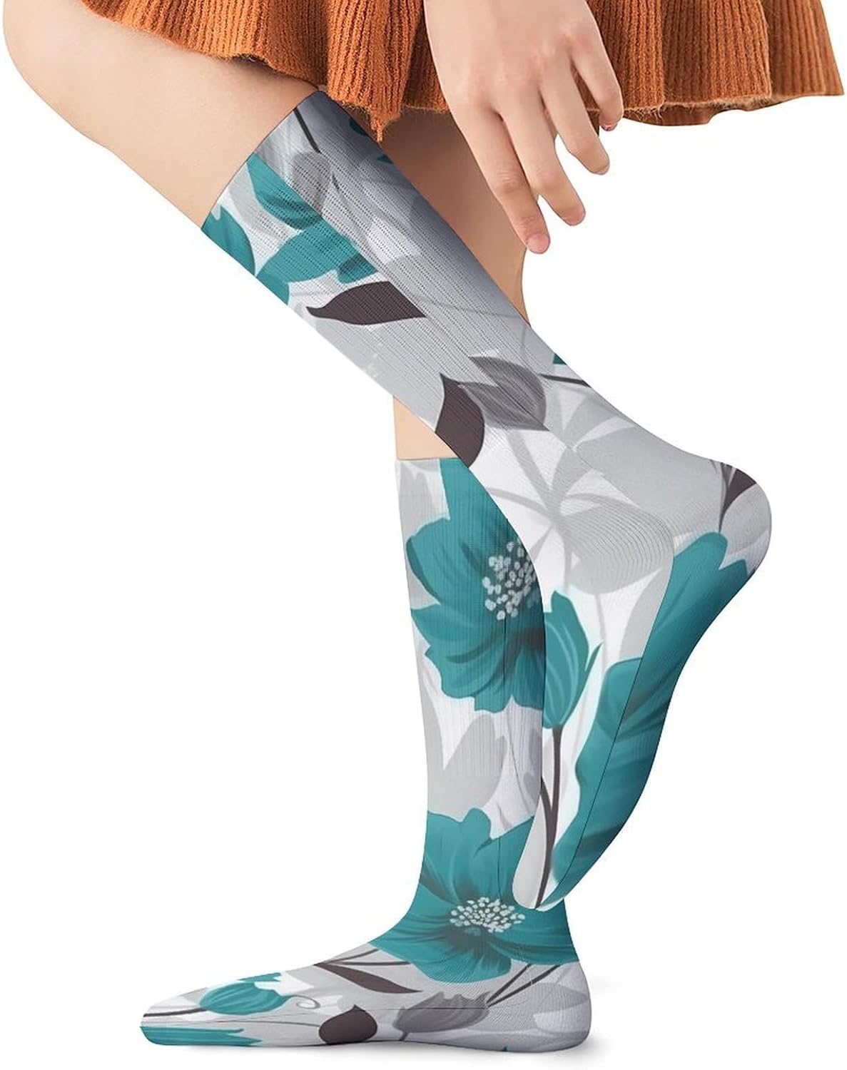 Breathable Crew Sock, Moisture Wicking, Athletic Calf Socks, Cozy | Teal Grey And White Floral Compression Socks for Women Men, Lightweight High Work Socks for Business, Casual