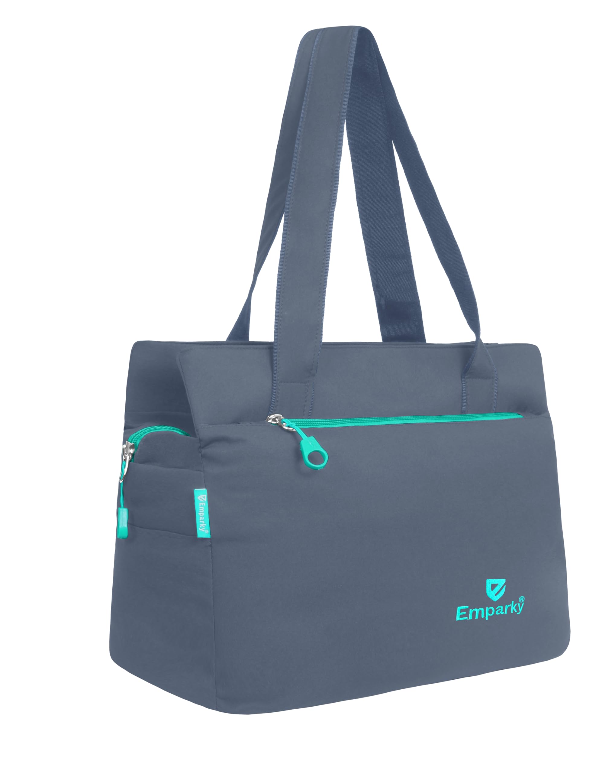 Women Bag, Black with Turquoise Accents, Tote Bag with Multiple Zipper Pockets-image-24