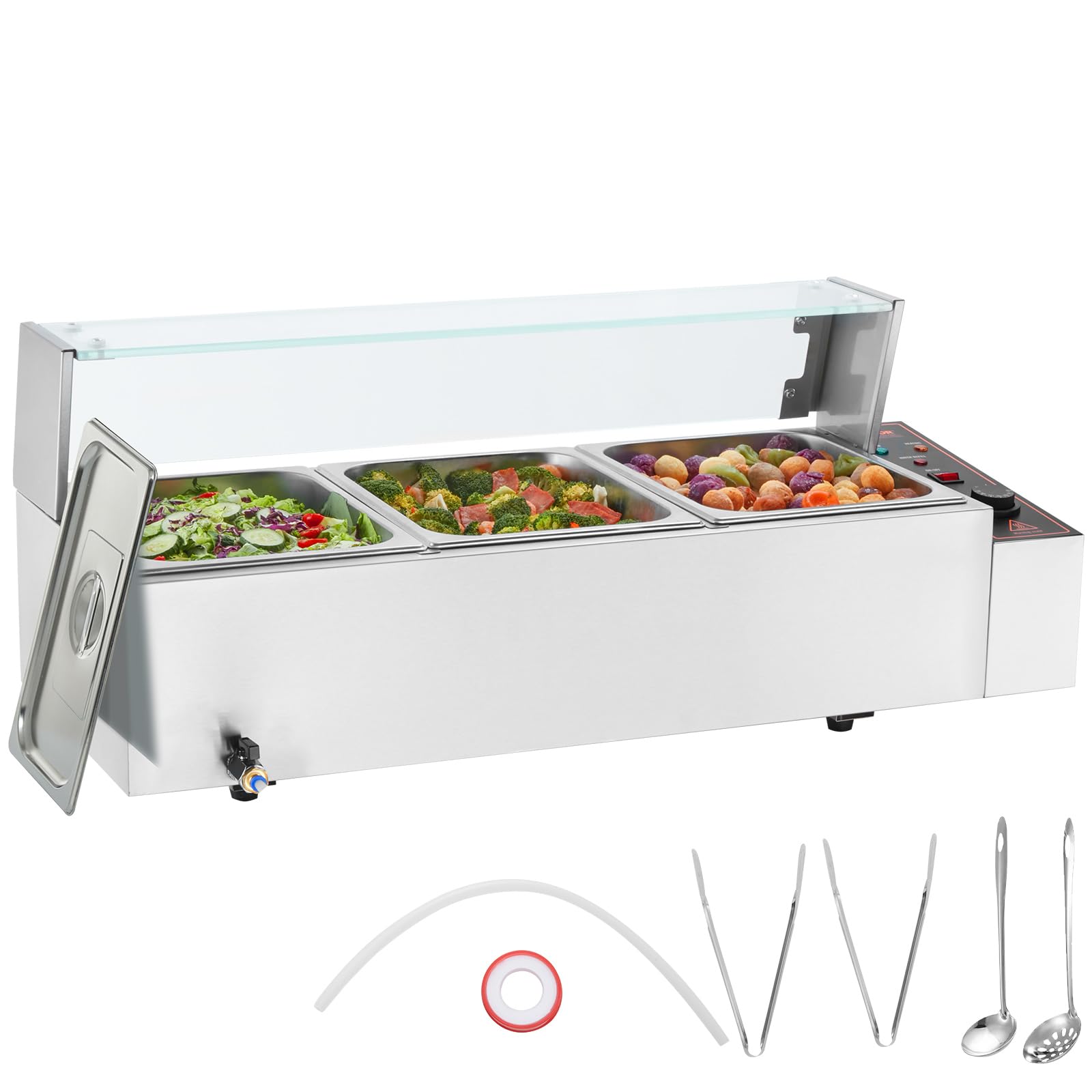 VEVOR 3-Pan Commercial Food Warmer, 3 x 8QT Electric Steam Table with Glass Cover, 1500W Countertop Stainless Steel Buffet Bain Marie 86-185°F Temp Control for Catering, Restaurants, Silver