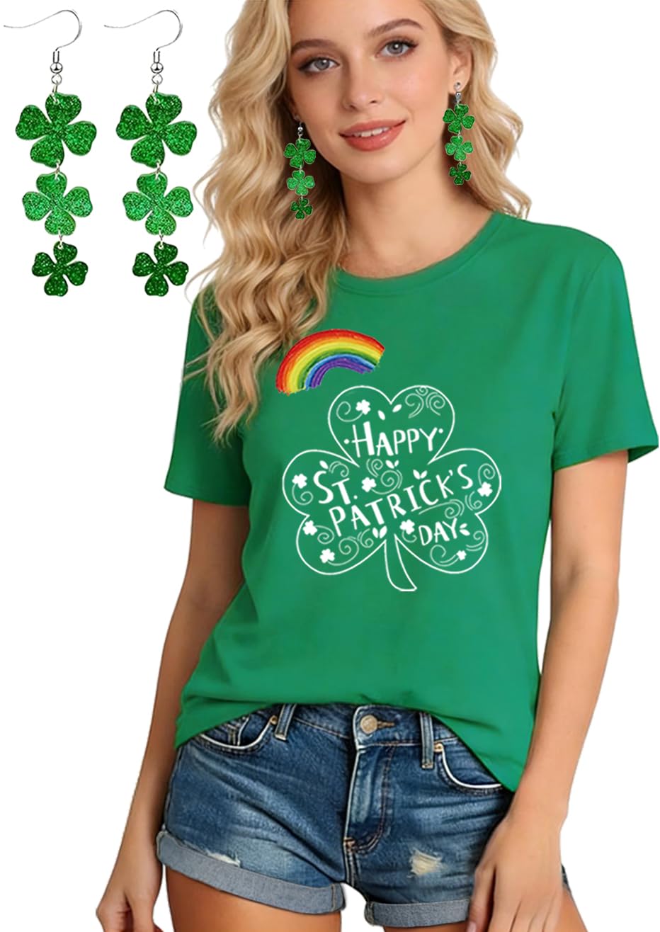 GONOSEED 【6Size Shirt+Earrings】 St Patricks Day Shirt Women St Patricks Day Outfits for Women Shamrock Earrings Accessories