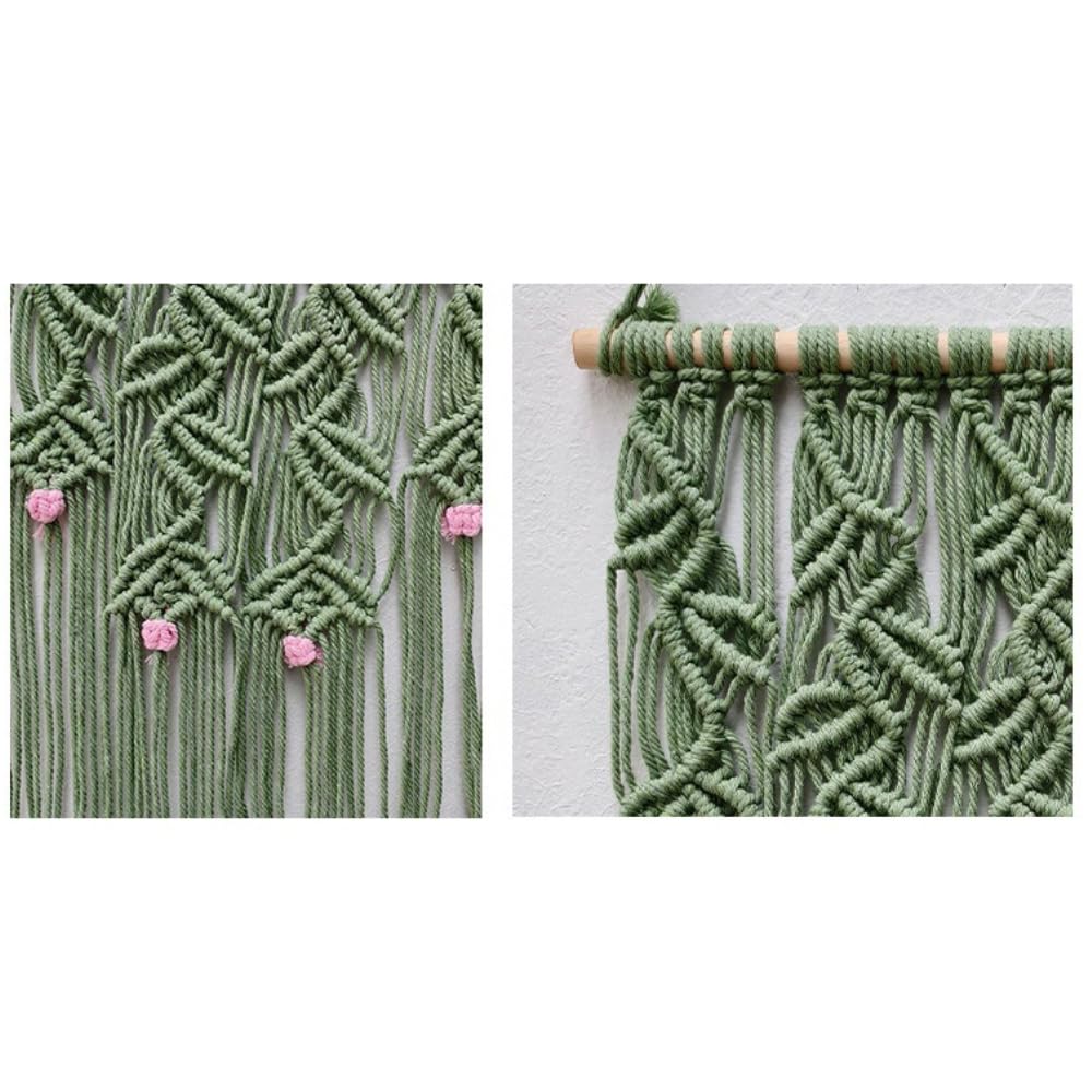 Arazzo da parete in macramè in corda di cotone, 85 x 30 cm, stile boho, con asta di legno, decorazione da parete per camera da letto, soggiorno, appartamento, tenda da parete, 2 pezzi, verde