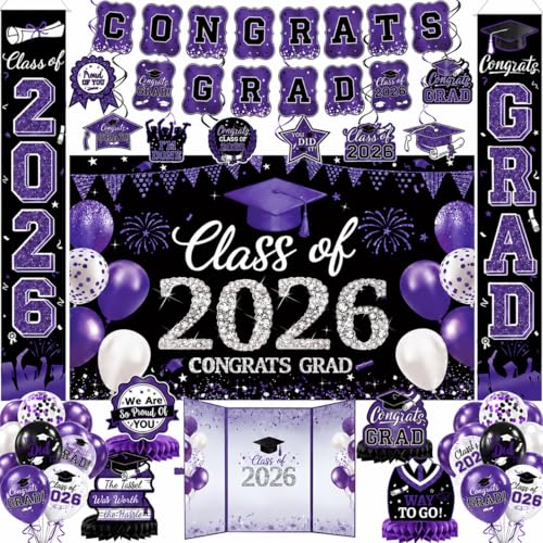 Graduation Decorations Class of 2026 Purple Graduation Decorations Set Banner & Backdrop Porch Sign Hanging Swirls Balloons Honeycomb Centerpieces Graduation Guest Book for Congrats Grad Party