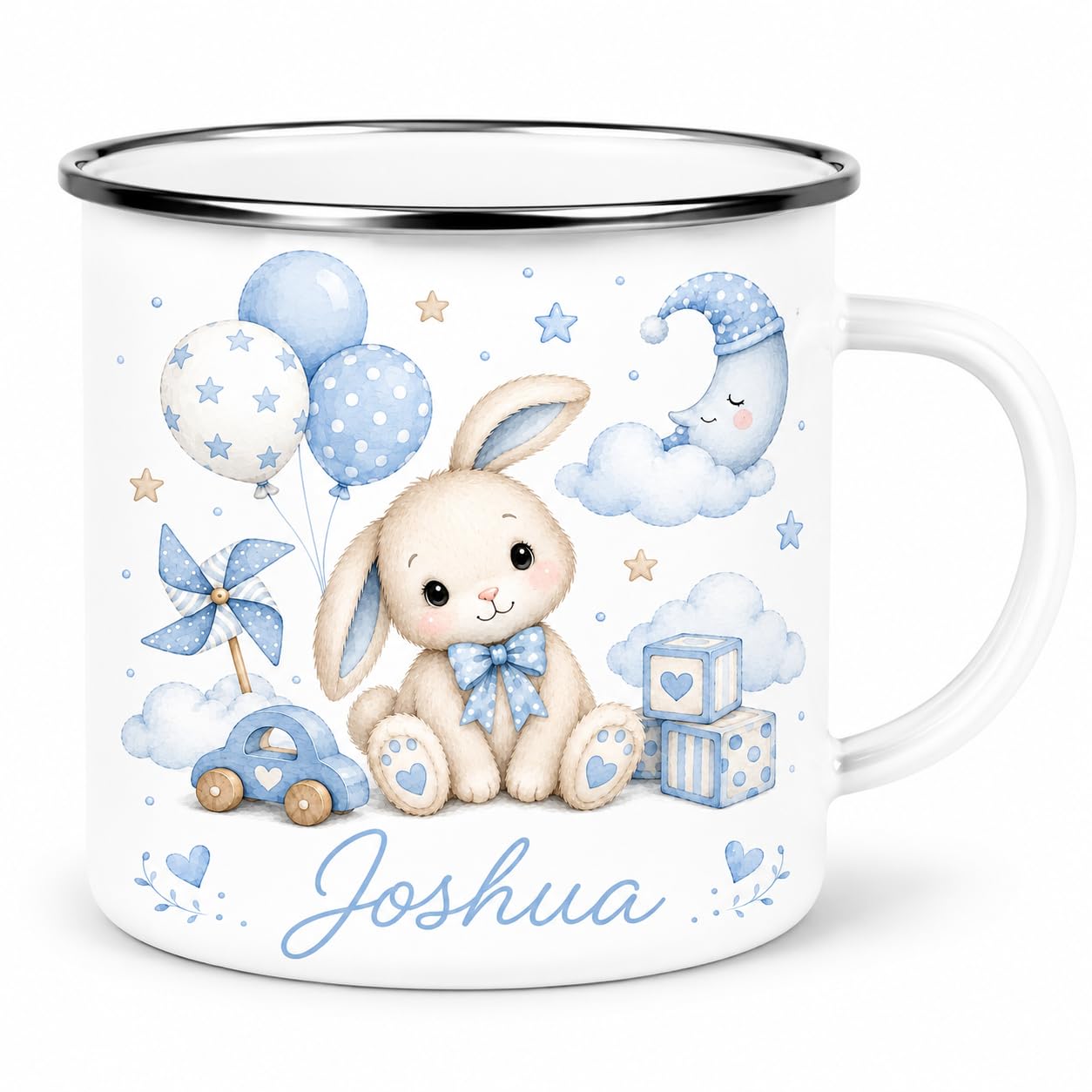 Personalised Children’s Enamel Mug – Toddler’s First Mug – Custom Kids Camping Mug – Cute Animal, Rainbow, Fairy & Princess Designs – Personalised Gift for Boys & Girls (Blue Bunny Enamel Mug)