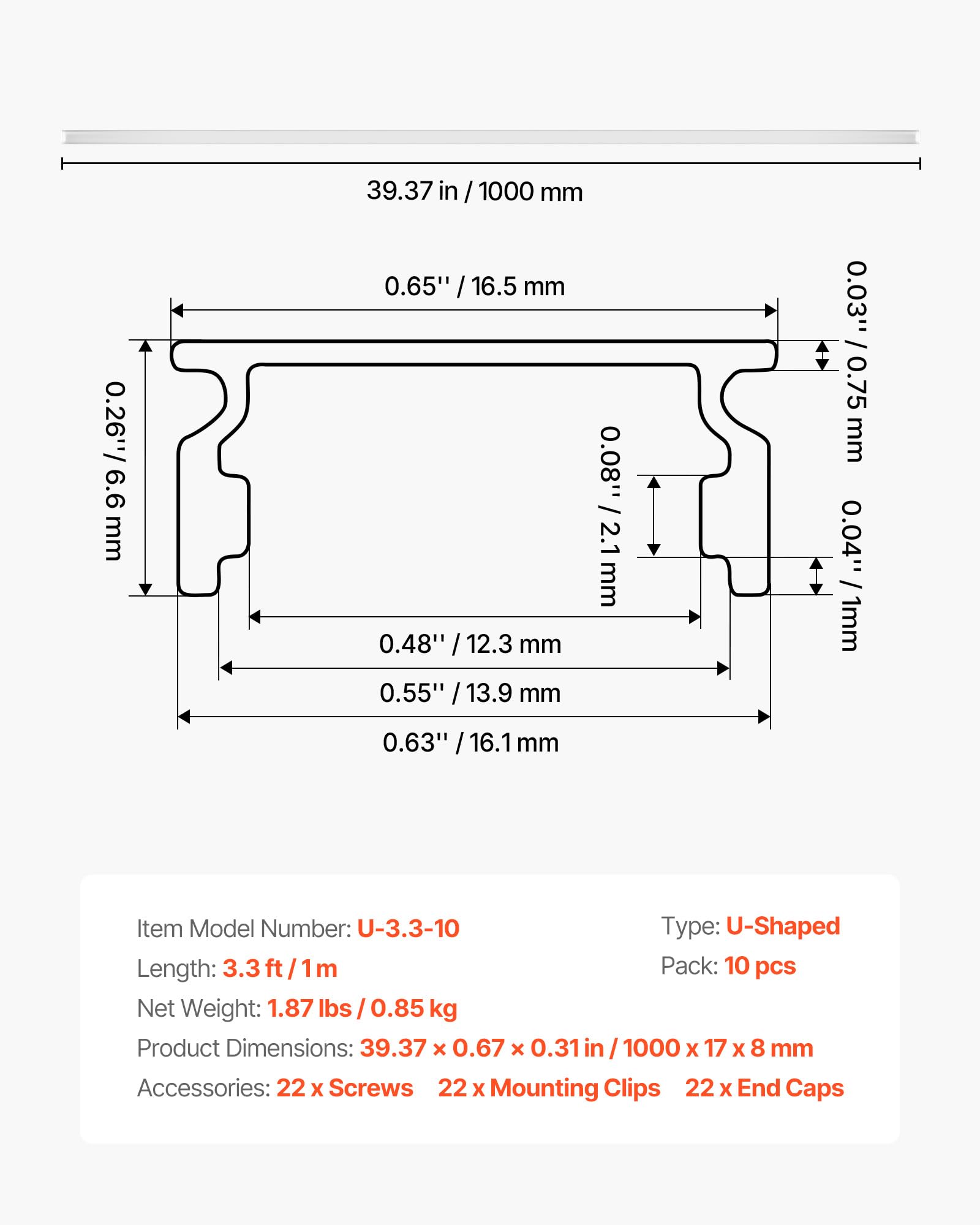VEVOR Profilé Aluminium LED en U 1 m Lot de 10 Canal LED pour Ruban Lumineux Éclairage sous Meuble Cuisine, avec Diffuseur en PC Blanc Laiteux, Embouts et Clips de Fixation, Aluminium Anodisé Argent