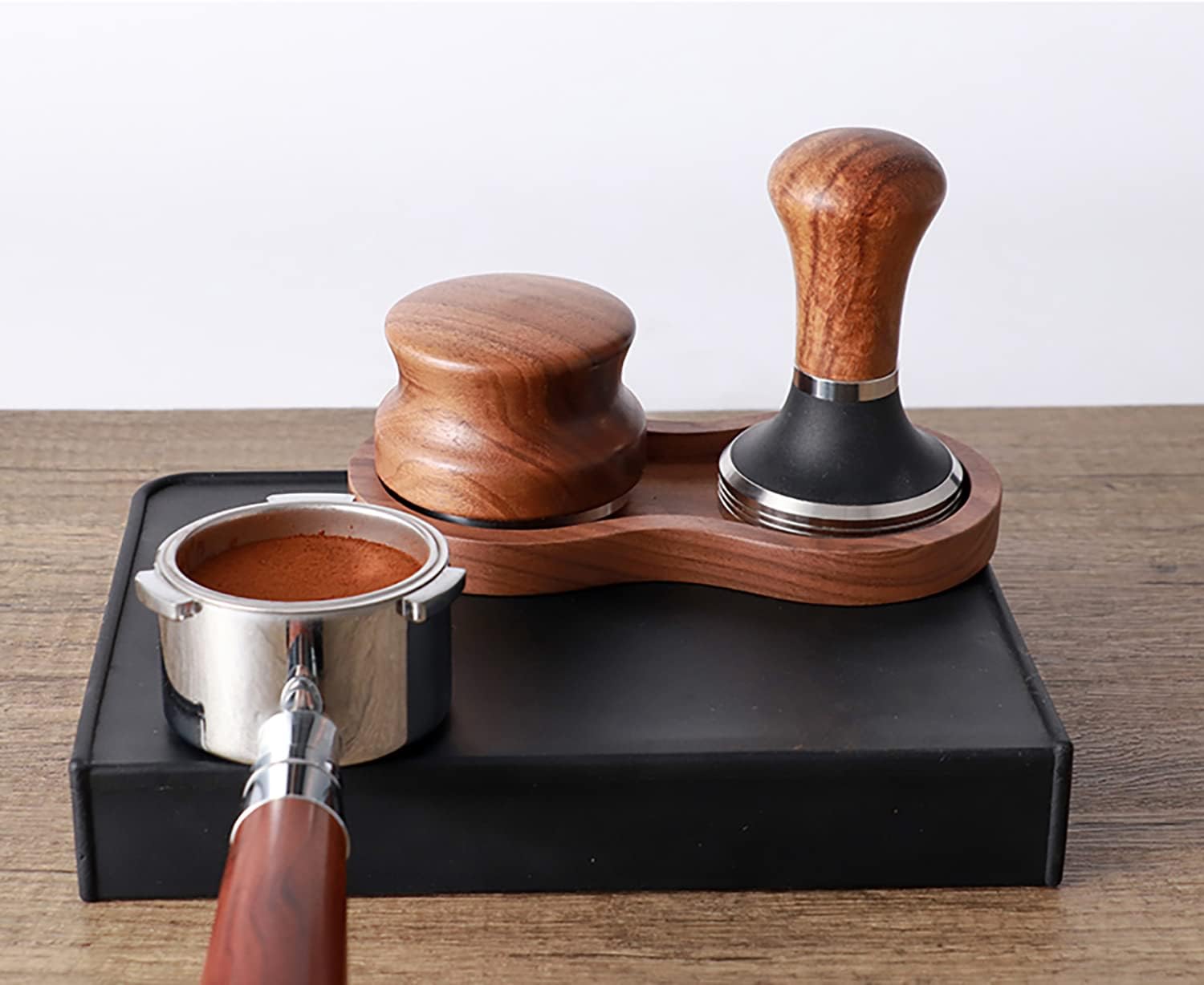 51mm Espresso Hand Hammer Tamping Kit, Coffee Distributor and Tamper, with Universal Base, Walnut Stainless Steel Tamper Distributor Set, Portable for Kitchen (51mm/2in)