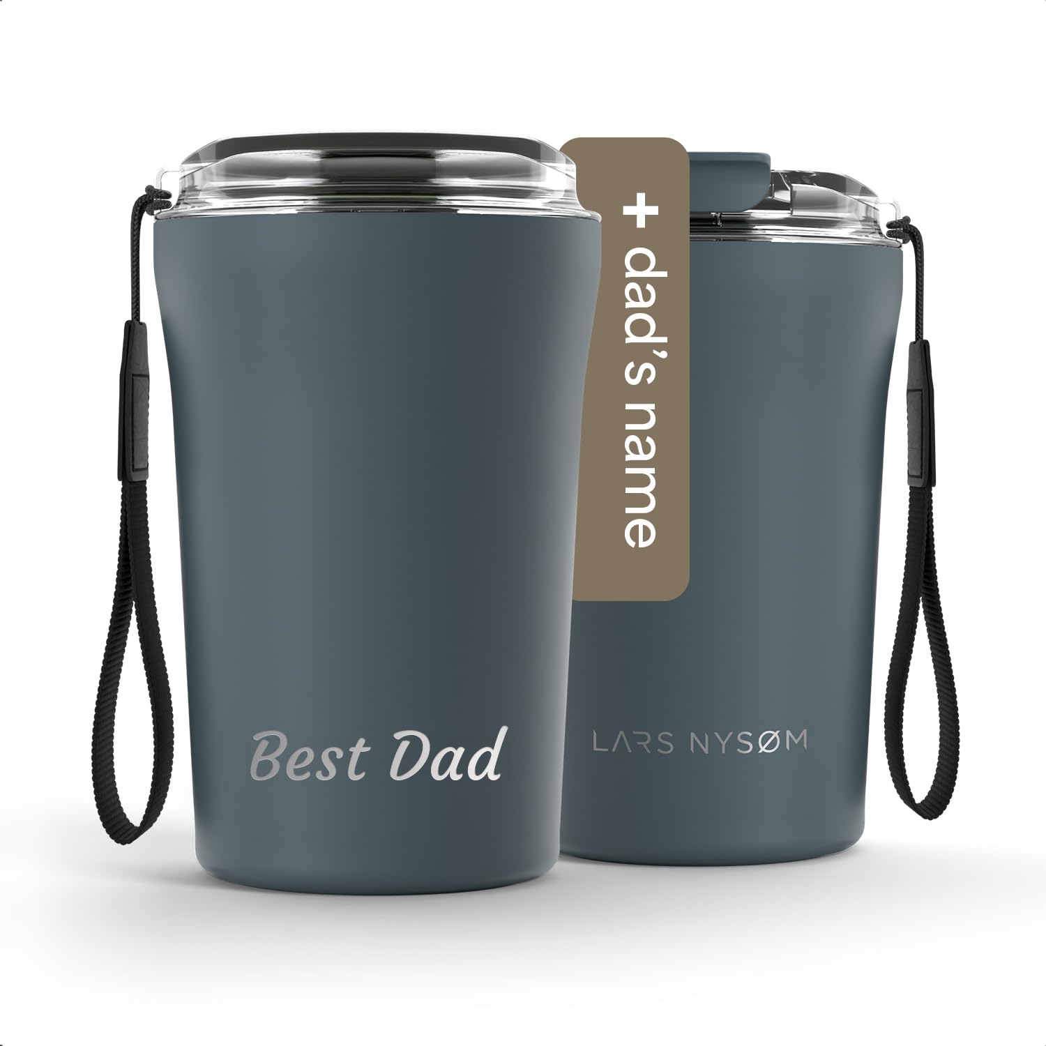 LARS NYSØM Personalised Thermo Coffee Cup to Go 380ml | Stainless Steel Travel Mug 0.38 L with Engraving | Leakproof Thermal Cup as a Gift with Name for Men and Women (Stone Blue, 380ml)