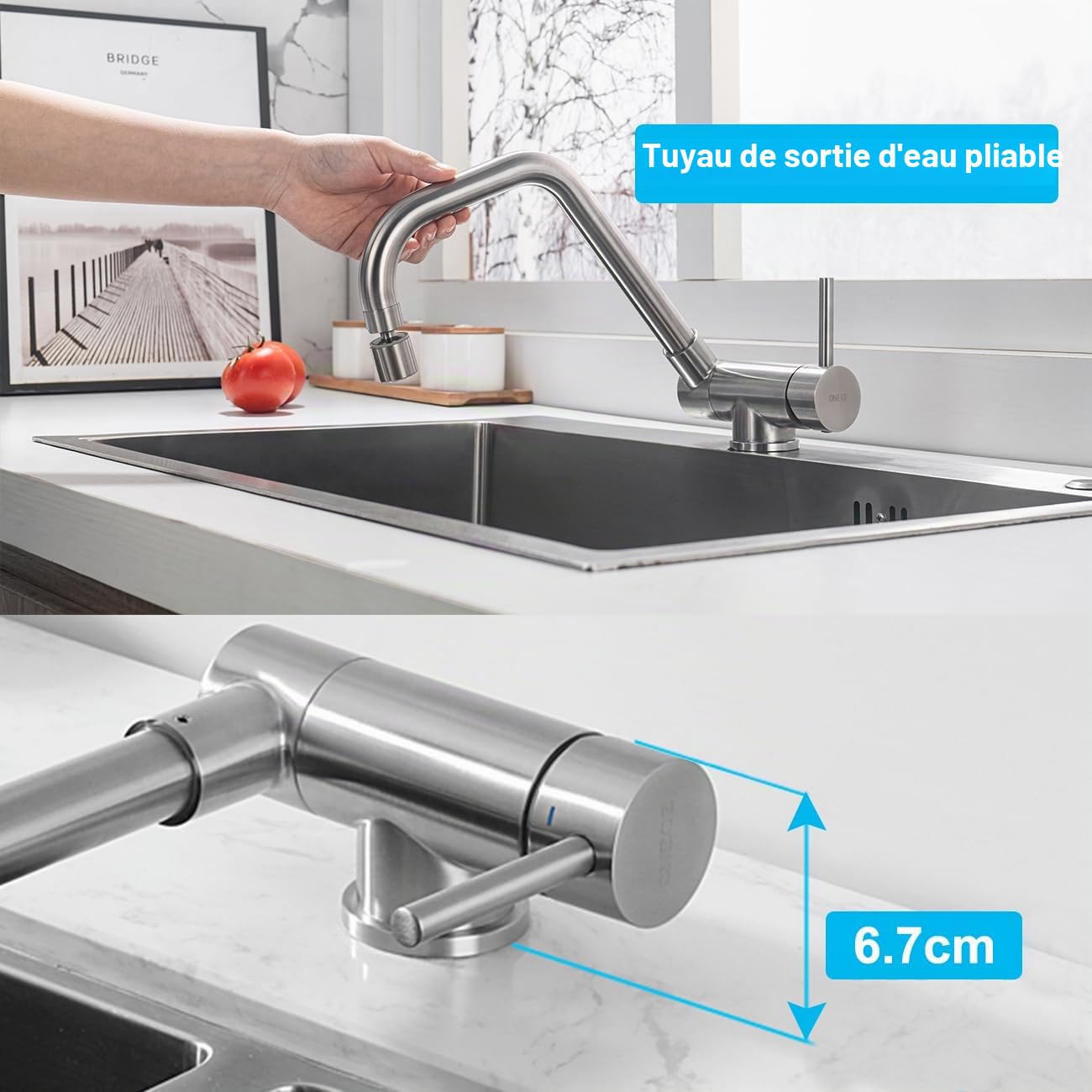 ONECE Robinet de Cuisine Rabattable avec Tête de Pulvérisation Rotative, Mitigeur Evier 2 Jets, Robinettrie Pliable devant Fenêtre, Pivotant à 360°, Acier Inox SS304, Brossé