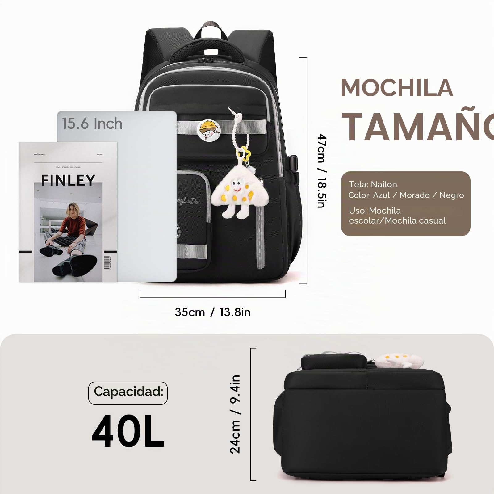 Amythe Mochilas Escolares Adolescentes, Mochila Instituto Chica con Muchos Compartimentos, 30L Mochila Colegio ESO per Niñas 10 a 16 años, Mochilas Tipo Casual Juveniles, Negro