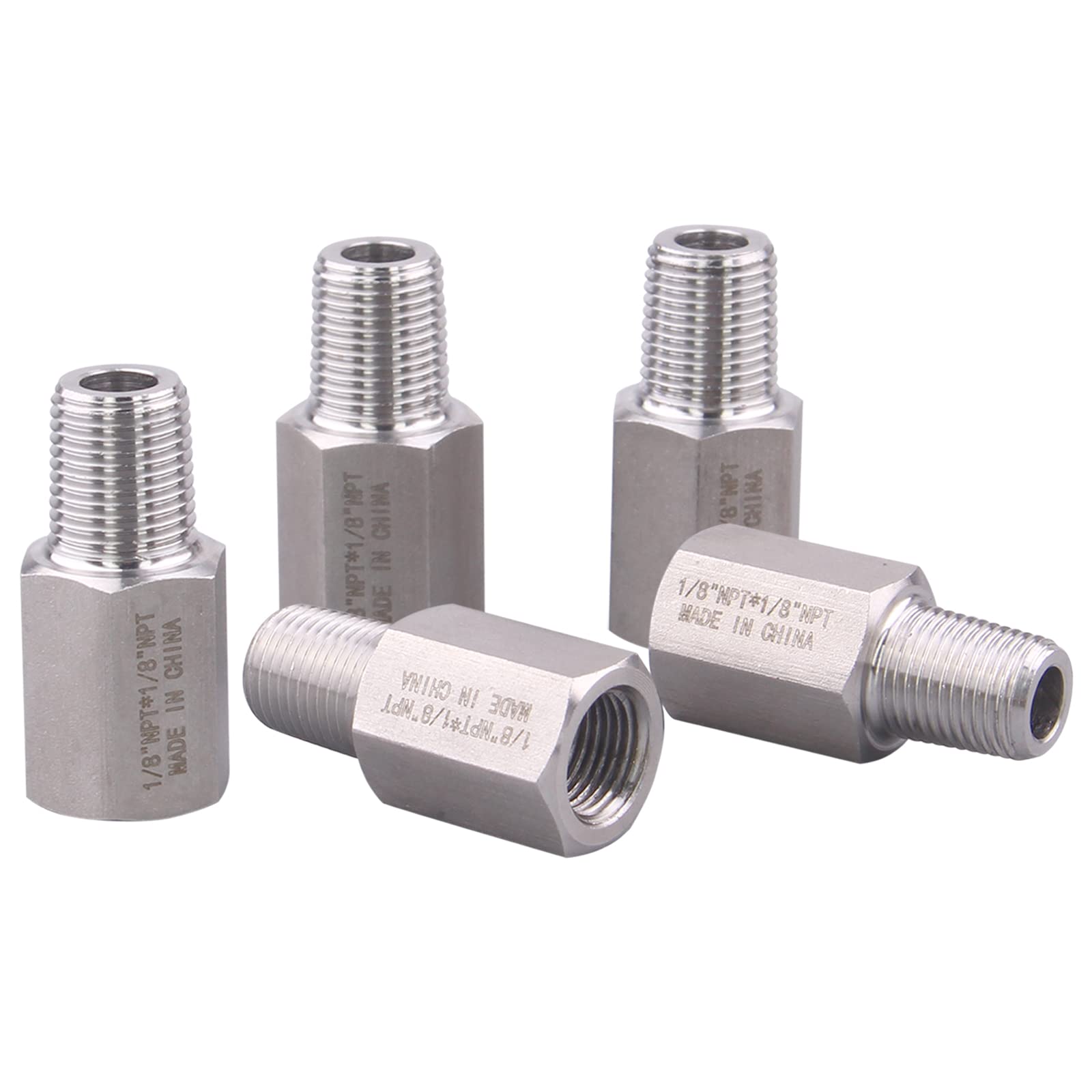 Forged Reducer Adapter Fitting - Stainless Steel 304 Reducing Pipe Connector, 1/8" NPT Female x 1/8" NPT Male (pack of 5)