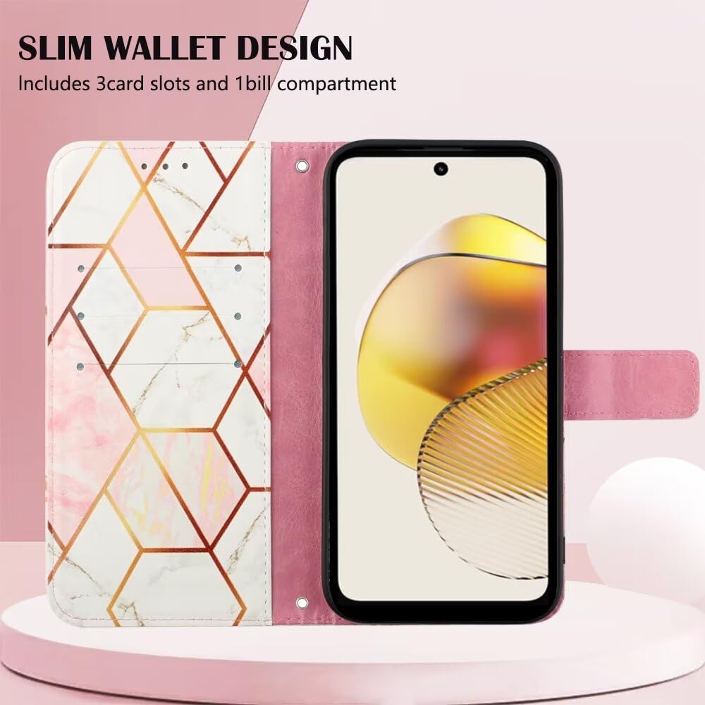 Lvnarery Motorola Moto E14 / G04 / G24 Case,Marble Pattern PU Leather Shockproof Wallet Phone Case with Stand Magnetic Money Pouch Folio Silicone Bumper Gel Protector Cover Pink & white - Image 3
