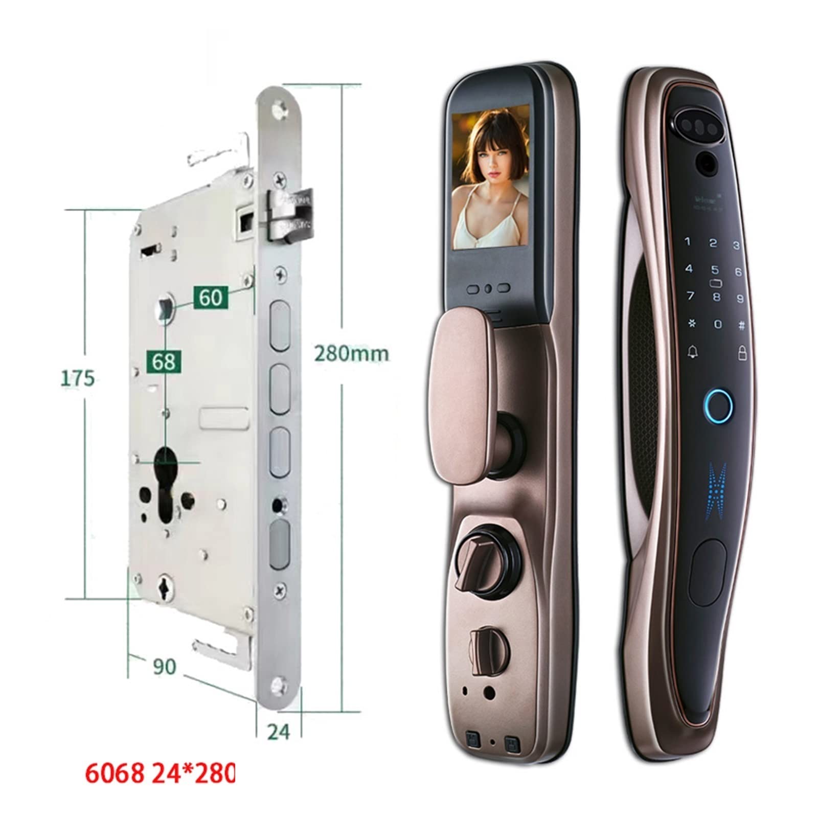 Inteligentny zamek do drzwi, Tuya Smart 3D Face Blokada drzwi Security Face Camera Monitor Inteligentne hasło linii papilarnych Biometryczny klucz elektroniczny Odblokuj(Gold-24-280-R)