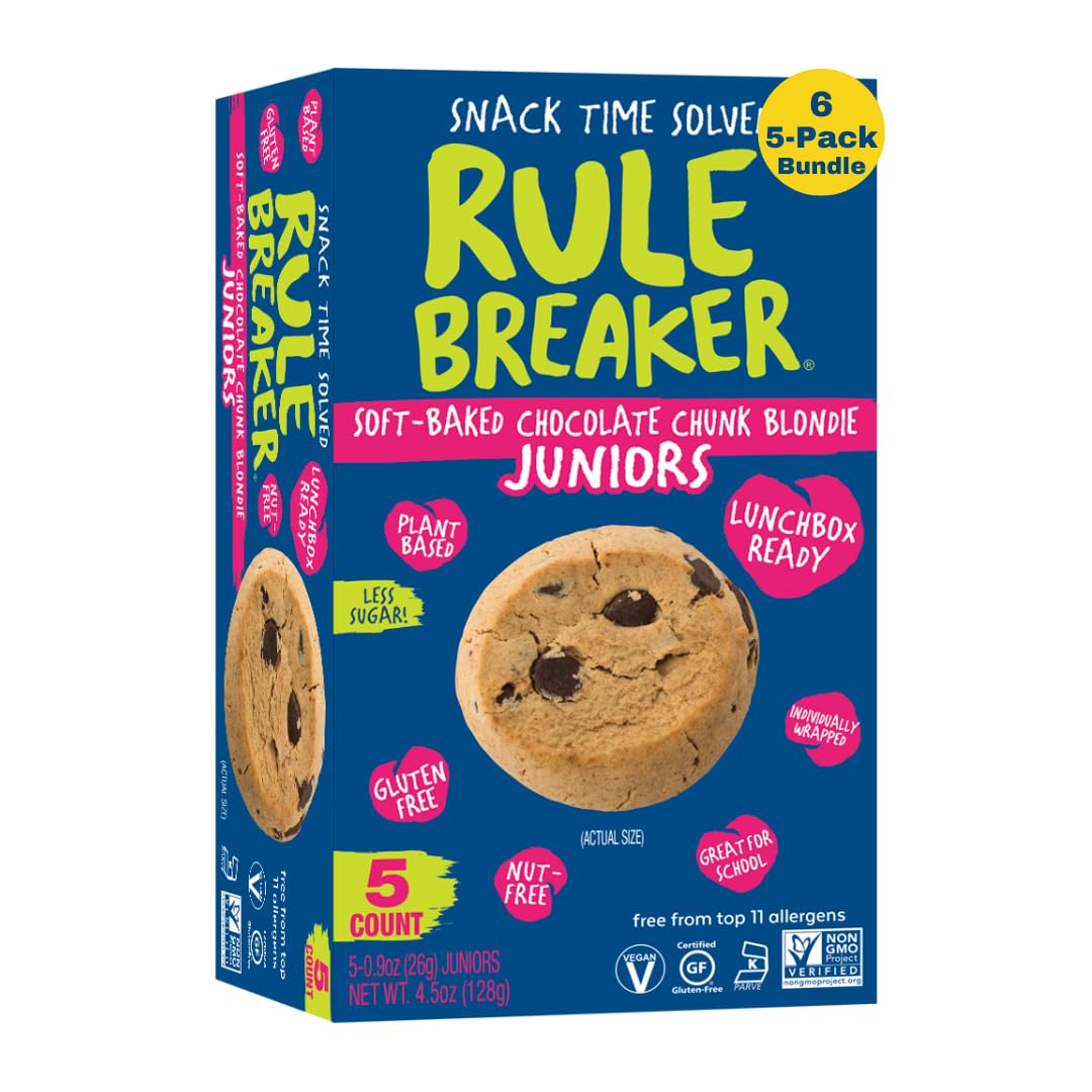 Rule Breaker Vegan & Gluten Free Cookies | Chocolate Chip Junior | Gluten-Free, Nut-Free, Top 11 Allergen-Free, Plant-Based | 6 5-count Boxes of Individually Wrapped (Pack of 6)