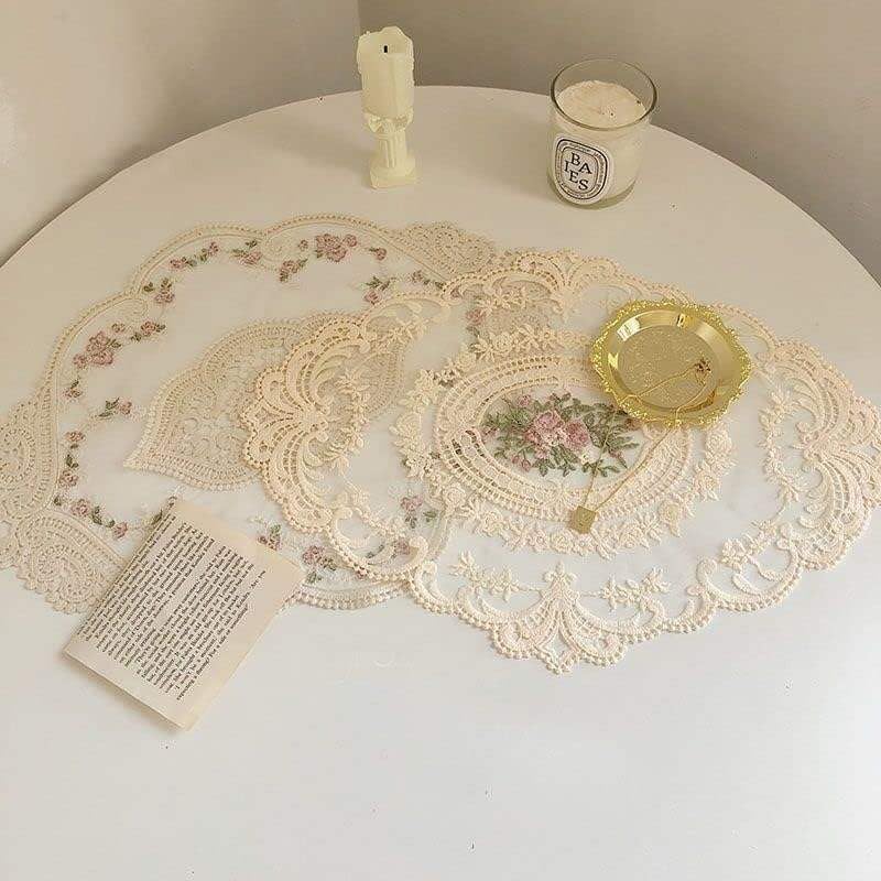 Image of 2Pack Retro Lace Placemats, French Crochet Doilies, Handmade Embroidered Table Mats, 12x16-in Beige Place Mats Cup Mat