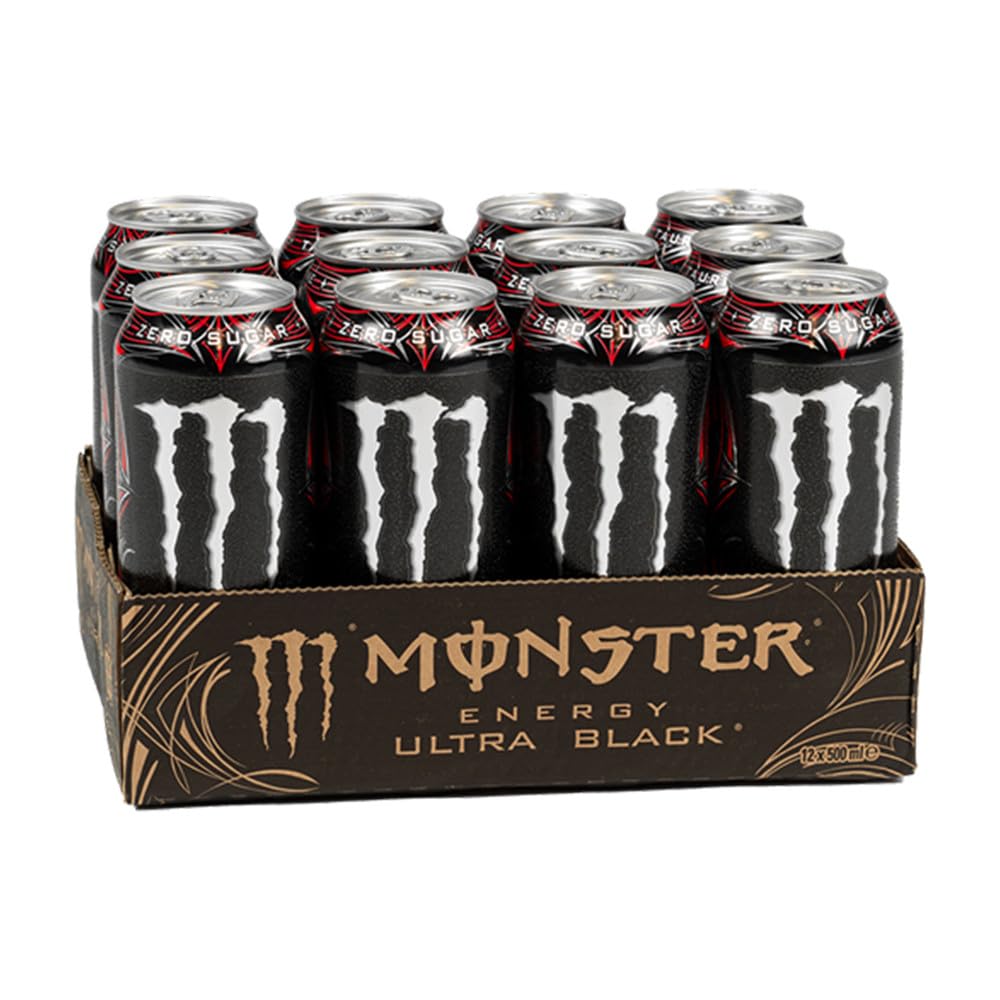 Monster Energy Ultra Black® Kohlensäurehaltiger Energy Drink | L-Carnitin + Zero Sugar + Taurin, 500.1 ml/500 ml, 12er Pack