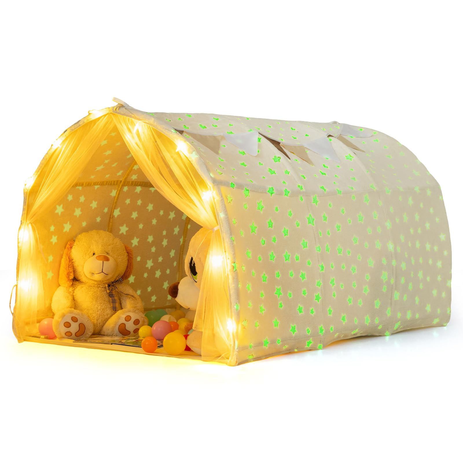 COSTWAY Kinderzelt, Spielzelt mit Leuchtsternen, Netzvorhängen, Lichterkette & Wimpeln, Kinder höhle, Spieltunnel Kinderzimmer, Spielhaus Indoor & Outdoor für Jungen & Mädchen