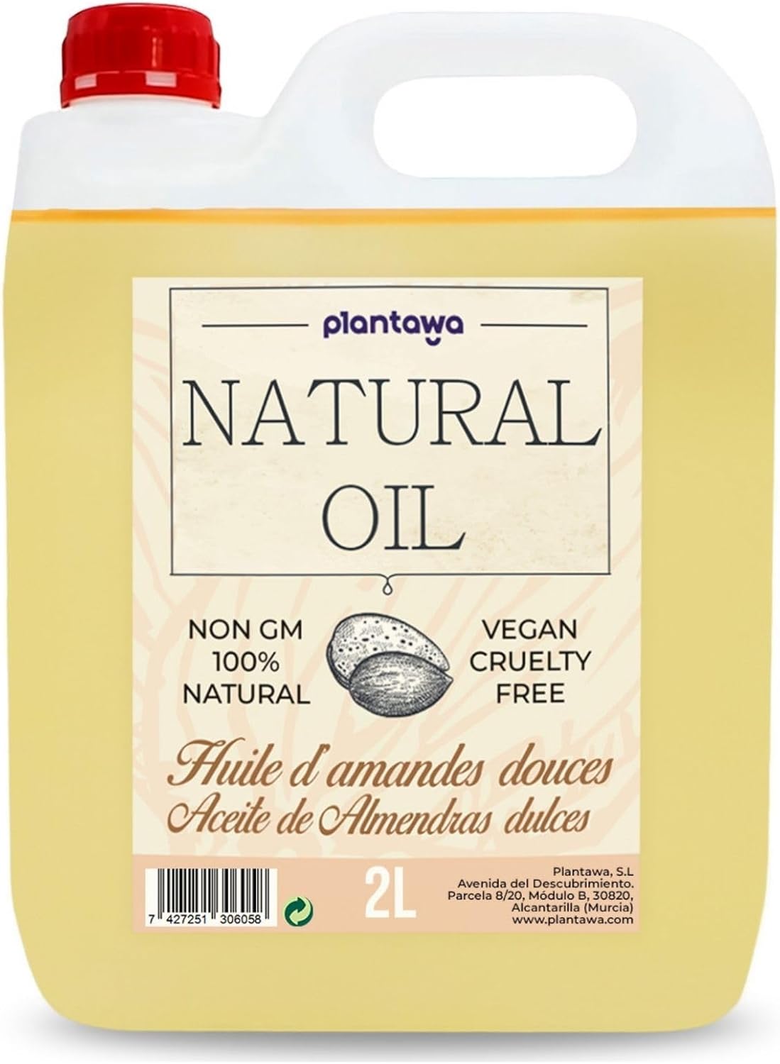 Plantawa Huile d’Amande Douce 2L | Huile d’Amande pour le Massage, la Grossesse et les Vergetures | Hydrate le Corps, la Peau, les Ongles, les Cheveux et Apporte de la Vitamine E