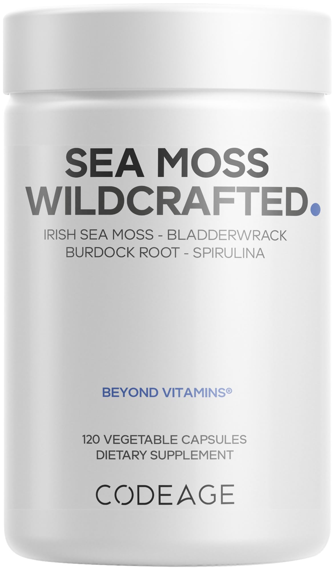 Codeage Raw Wildcrafted Irish Sea Moss Supplement, Spirulina Algae, Bladderwrack Seaweed, Burdock Root, Black Pepper, Vegan, Non-GMO, 120 Capsules