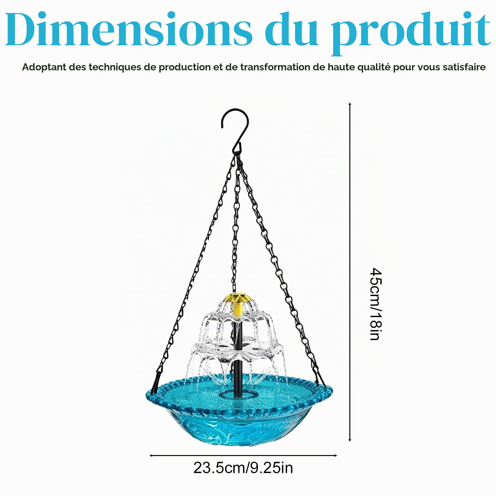 Bain d'oiseaux suspendu avec fontaine solaire, bain d'oiseaux, fontaine à suspendre, pour jardin, balcon, terrasse, avec chaînes en métal, décoratif, facile à monter, pour l'entretien des oiseaux en
