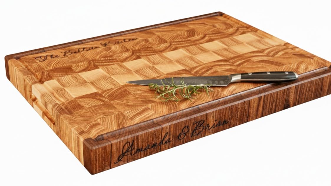 Personalized Walnut and Cherry End Grain Cutting Board, Double -Sided Custom Engraved Wood Chopping Block, Handmade Butcher Block for Kitchen,