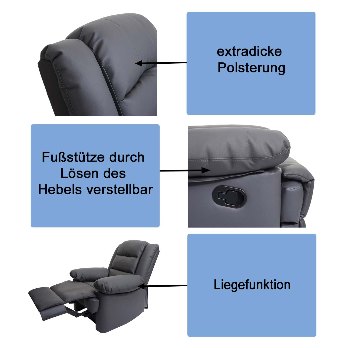 Mendler Fernsehsessel HWC-G15AM, Relaxsessel Liege Sessel, Leder + Kunstleder 101x87x100cm - schwarz