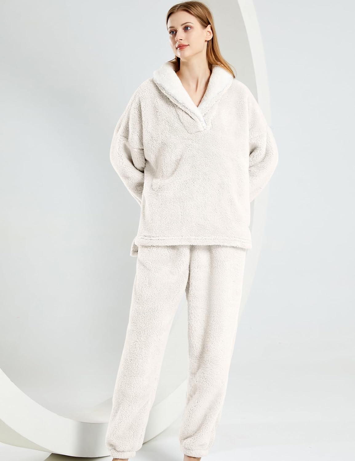 Arssm Women Fluffy Pajamas Set Fleece Pajamas Winter Warm Loose Plush Fuzzy Sets 2 Piece Cozy Sleepwear - Image 3
