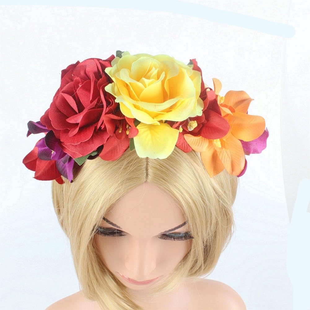 Mexican Flower Crown Headband Bohemian Floral Headpiece with Roses for Cosplay & Dressup Parties, mix color - Image 3