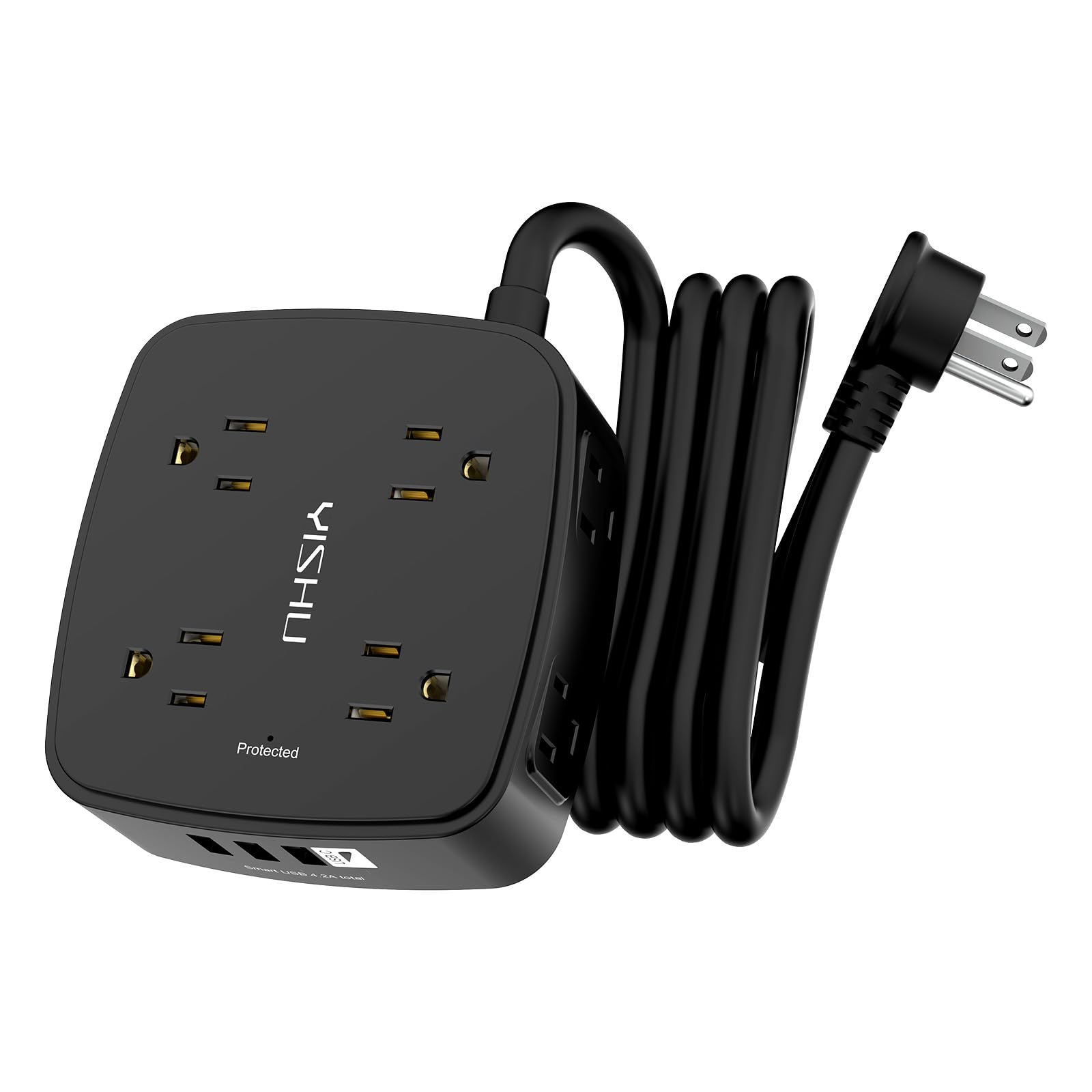 6 Ft Surge Protector Power Strip - 8 Widely Outlets with 4 USB Ports, 3 Side Outlet Extender with 6 Feet Extension Cord, Flat Plug, Wall Mount, Desk USB Charging Station, ETL,Black