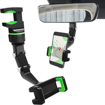 1PCS Rear View Mirror Phone Holder, Cell Phone Holder Car Rearview Mirror Mount, Adjustable Multifunctional Car Mirror Phone Holder and Mount Compatible with All Cell Phones Green