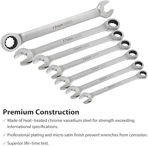 Miniatura 5 de FIRSTINFO F3432A Juego de llaves combinadas de trinquete con extremo de caja métrica antideslizante en forma de V (72T), 7 piezas, bandeja mecánica