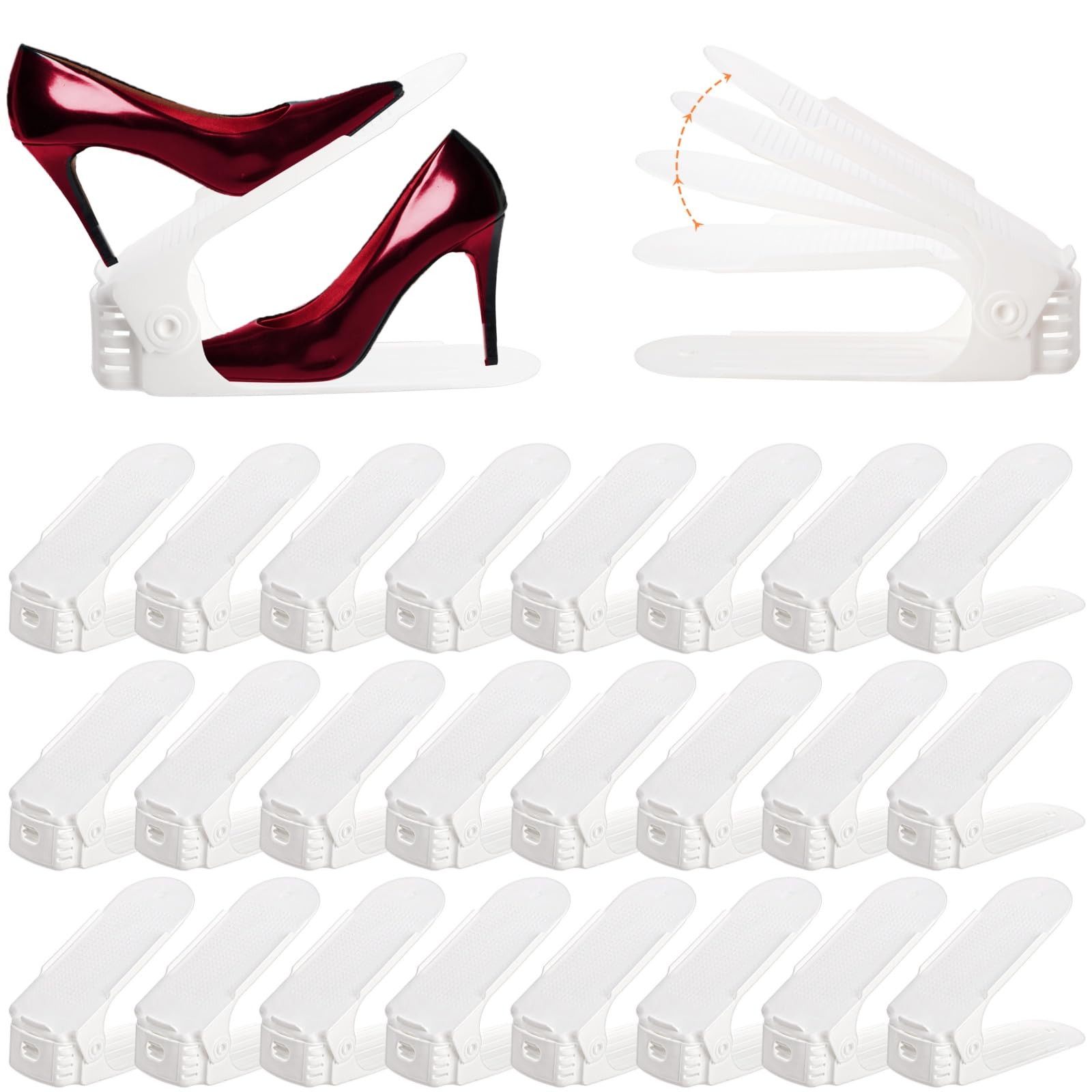 Noamus 24 Packs Shoe Slots Organizer, Adjustable 4 Level Shoe Stacker, Double Layer Stack Shoe Holder, White Plastic Shoes Space Saver, Thickening Shoe Rack Holder for Closet Organization