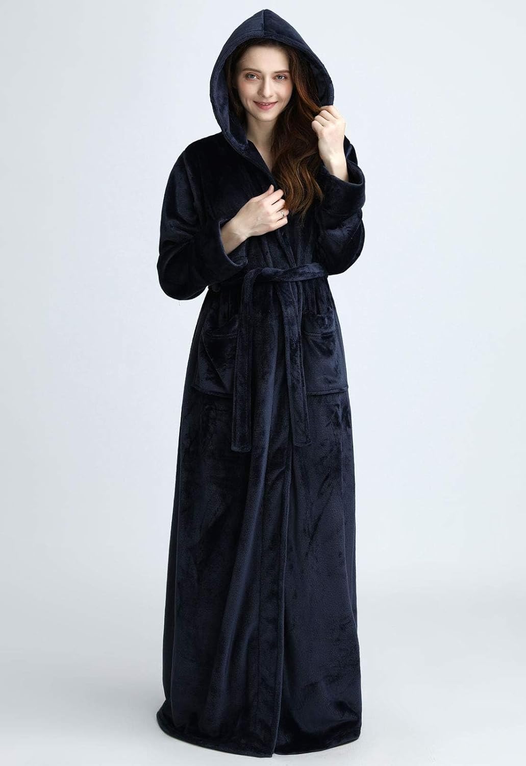 Flygo Womens Fuzzy Plush Long Hooded Robe Full Length Flannel Fleece Bathrobe Warm Housecoat - Image 3