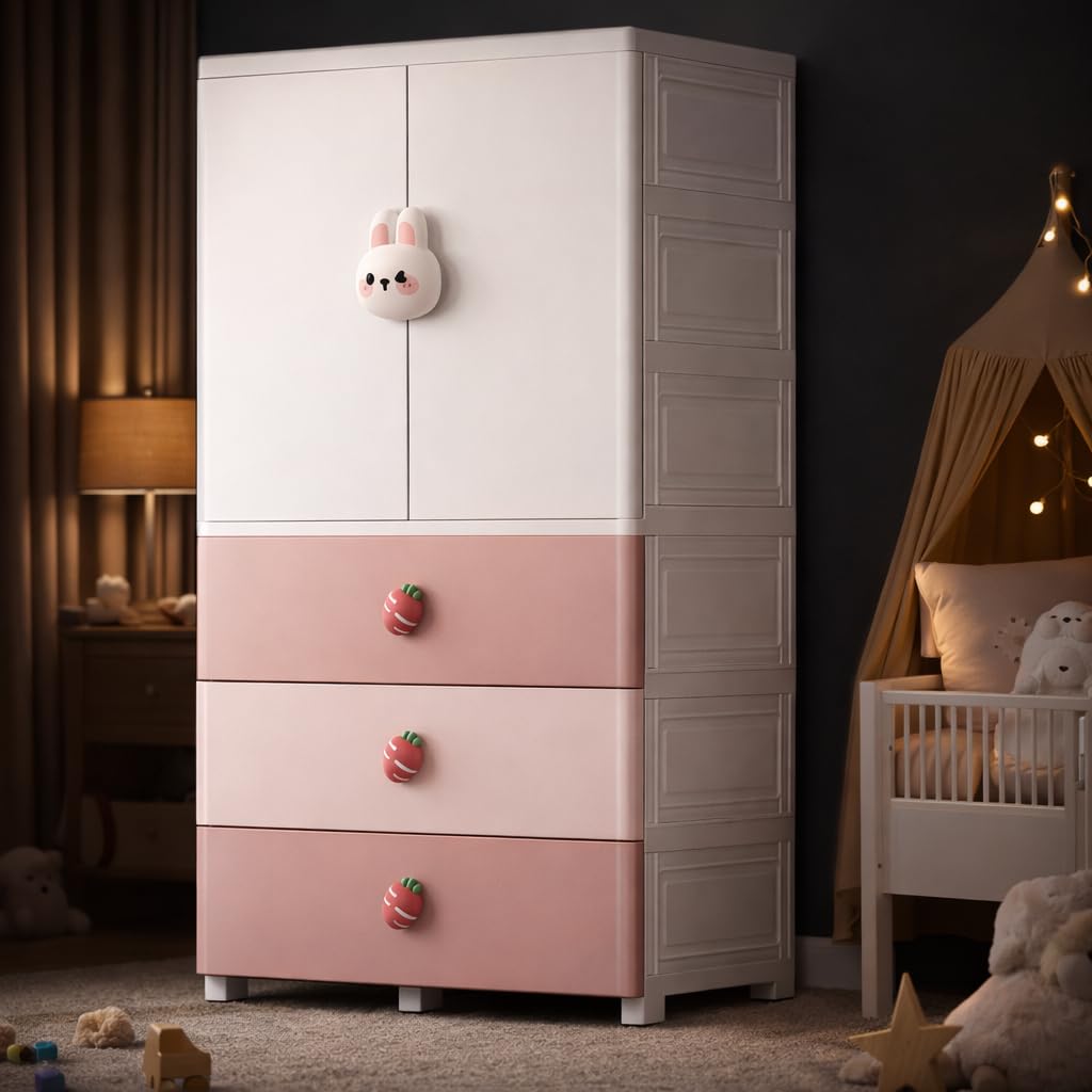 AYSIS Kids Plastic Collapsible Wardrobe Organizer for Storage with Drawers | Cute Cartoon Design | Heavy Duty Cloth Organizer for Storage | Easy to Assemble | Perfect for Kids Room & Home | Pink