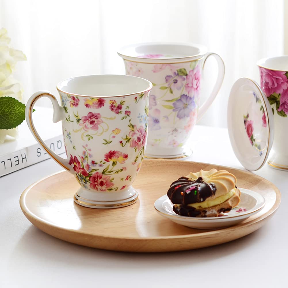 Juego de 4 tazas de porcelana de 312 ml, diseño floral de porcelana de hueso, té, agua, té, té, té, té, capuchino, hogar, cocina, oficina, regalo
