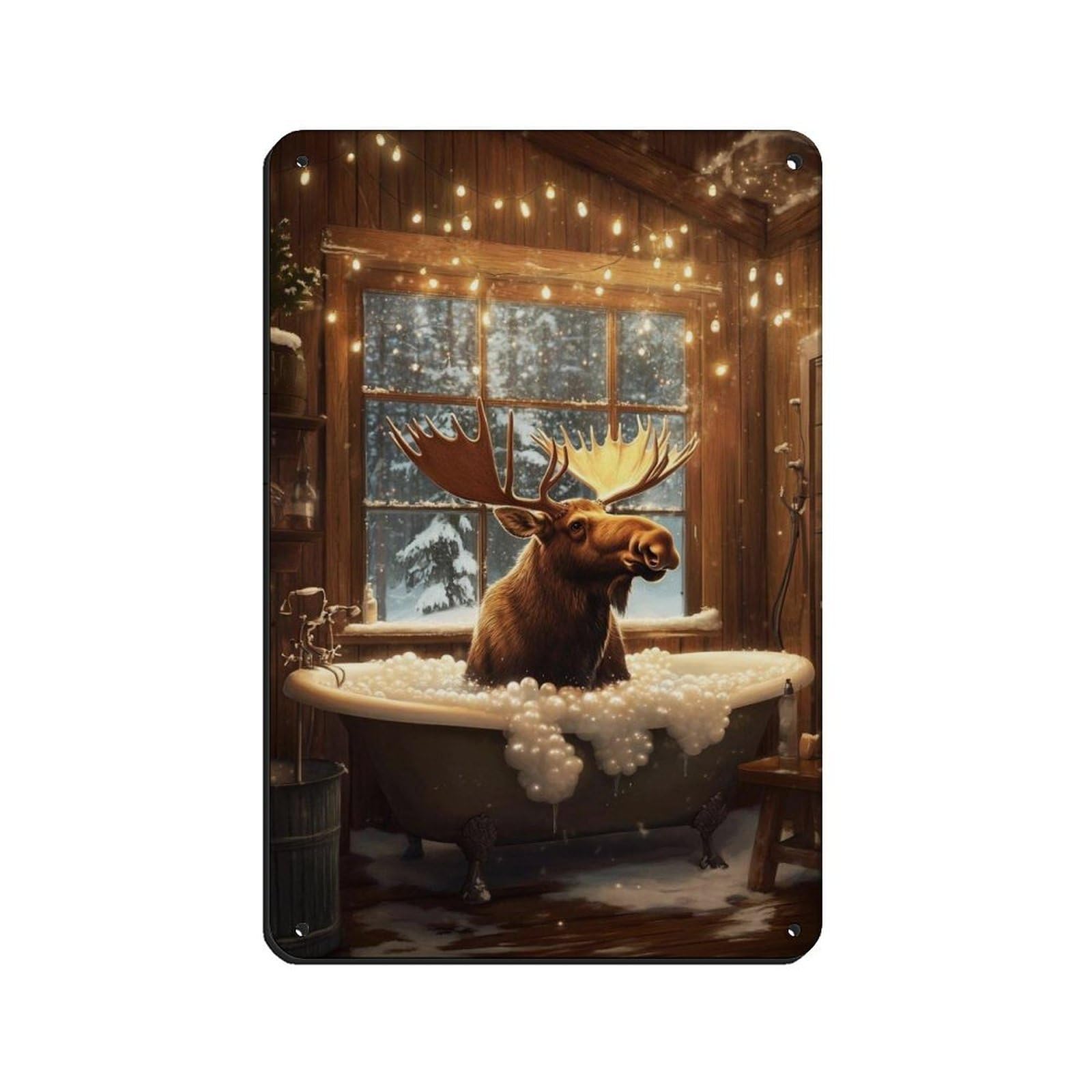 Lxwnze 20L X 30W Cm Moose In Bathtub, Winter Cabin Decor Tin Sign Vintage Metal Pub Club Cafe Bar Home Wall Art Decoration Poster Retro 8X12inch(20X30cm)