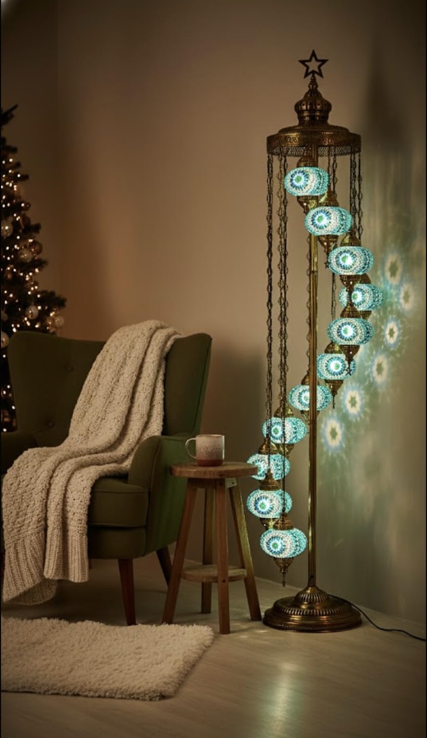 DEMMEX 11 Globe Turkish Moroccan Mosaic Floor Lamp, 7ft Tall - Tiffany Style Standing Decorative Boho Lamp with Colorful Globes for Bedroom, Living Room, Entryway – Handmade in Turkey, Turquoise
