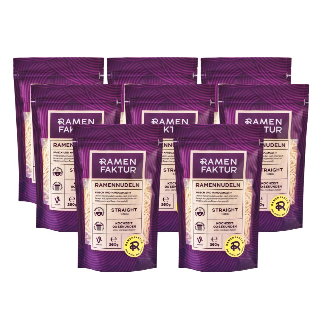 Ramenfaktur Ramen Nudeln Straight - Frische japanische Weizennudeln, handgemacht in Bayern, vegan, für authentische Ramen-Suppen, 8 x 260g Beutel