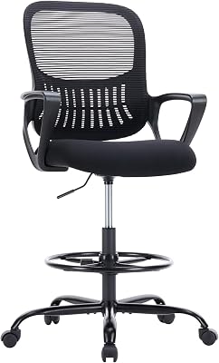 DUMOS Drafting Chair - Counter Height Adjustable Tall Office Desk Chair with Fixed Armrests and Comfortable Lumbar Support for Standing Desk, for Bedroom Livingroom, Black