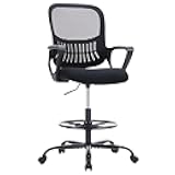 Drafting Chair - Counter Height Adjustable Tall Office Desk Chair with Fixed Armrests and Comfortable Lumbar Support for Standing Desk, Deep Black