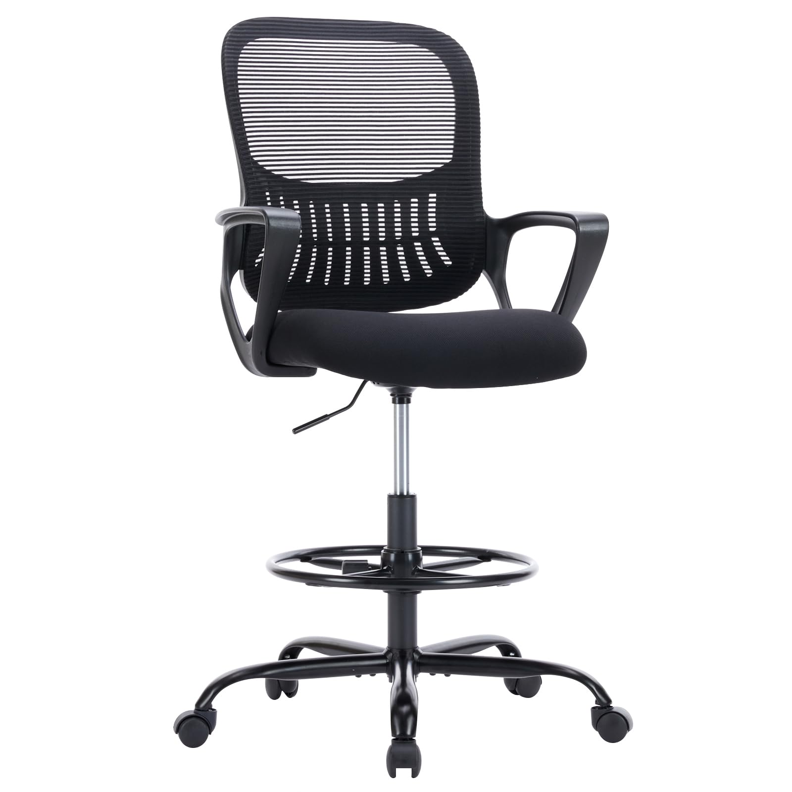 Tall Drafting Desk Chair - Ergonomic High Stool Computer with Adjustable Height and Comfy Lumbar Support, Office Rolling Counter for Standing Desk with Flip-up Arm and Footrest