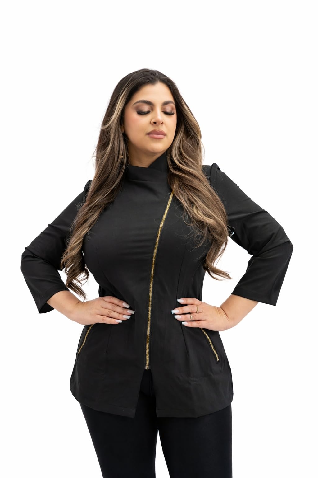 Photo 1 of ALL IN PRO BEAUTY Women’s Black Bleach-Resistant Tunic Top with Gold Zipper, 3/4 Sleeve. (Large)