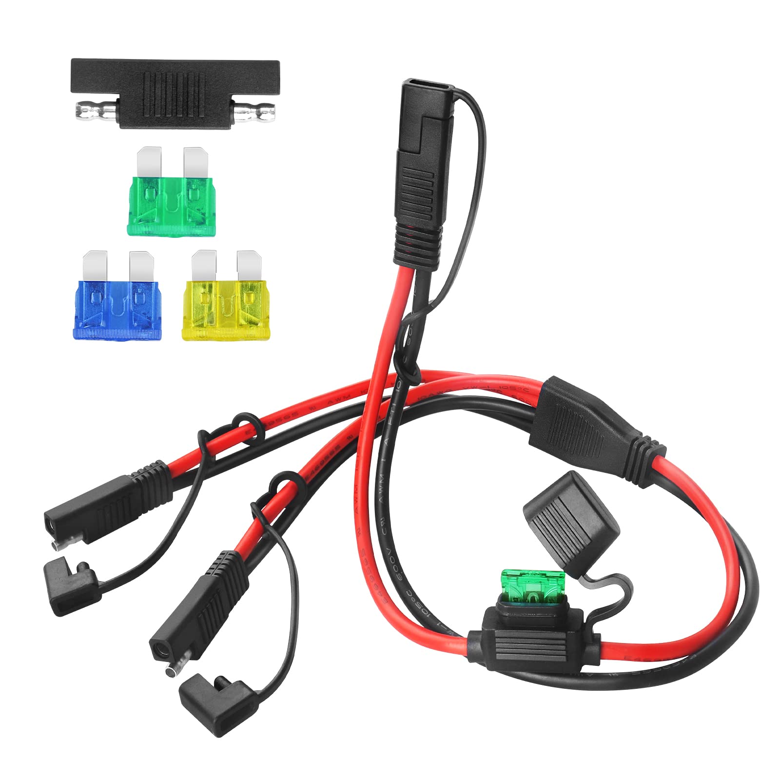 10AWG SAE Y Splitter Cable, SAE 1 to 2 Extension Cable with 15A 20A 30A Protection Fuse and SAE Polarity Reverse Connector 2-Pin SAE Quick Disconnect Connector for Solar Panel/ATVs/RVs(2FT)