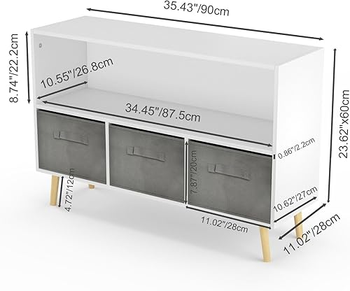 Miniatura 3 de Estantería de 2 estantes con 3 contenedores de almacenamiento de tela, organizador de baúl de almacenamiento con patas de pino, muebles