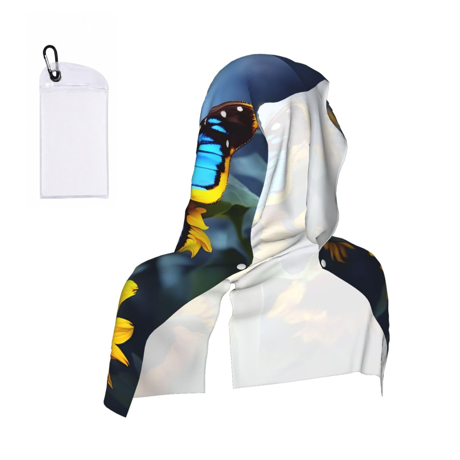 Sunflower Blue Butterfly Cooling Towel Hooded-Instant Chill Neck Cover for Sports, UV Cooling Rag for Running Gym