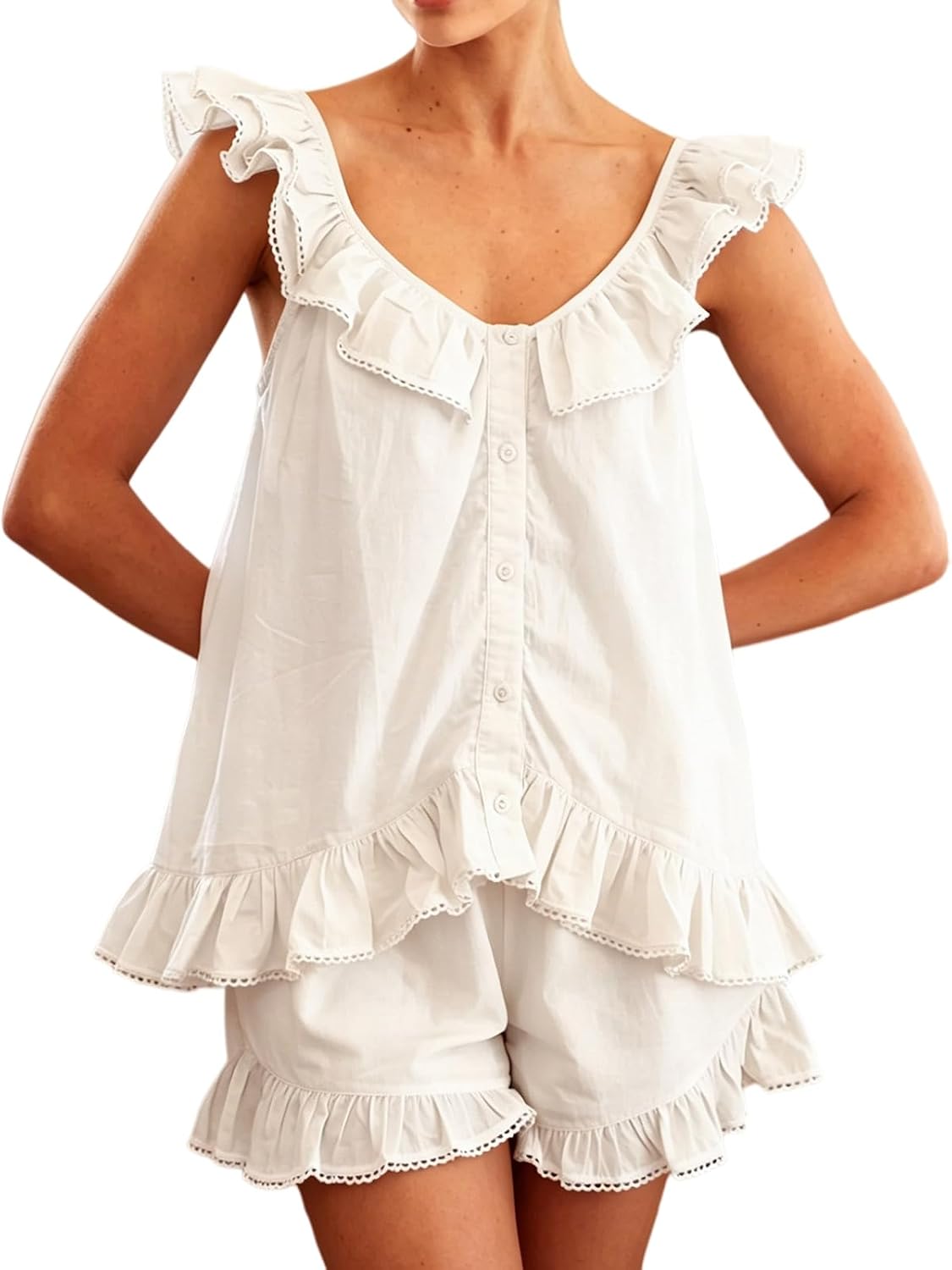WOWULOVELY Womens Summer Ruffle Pajamas Set 2 Piece Cotton Tank Top and Shorts Trim Cami Bridal Pajama Sleepwear Pjs Set