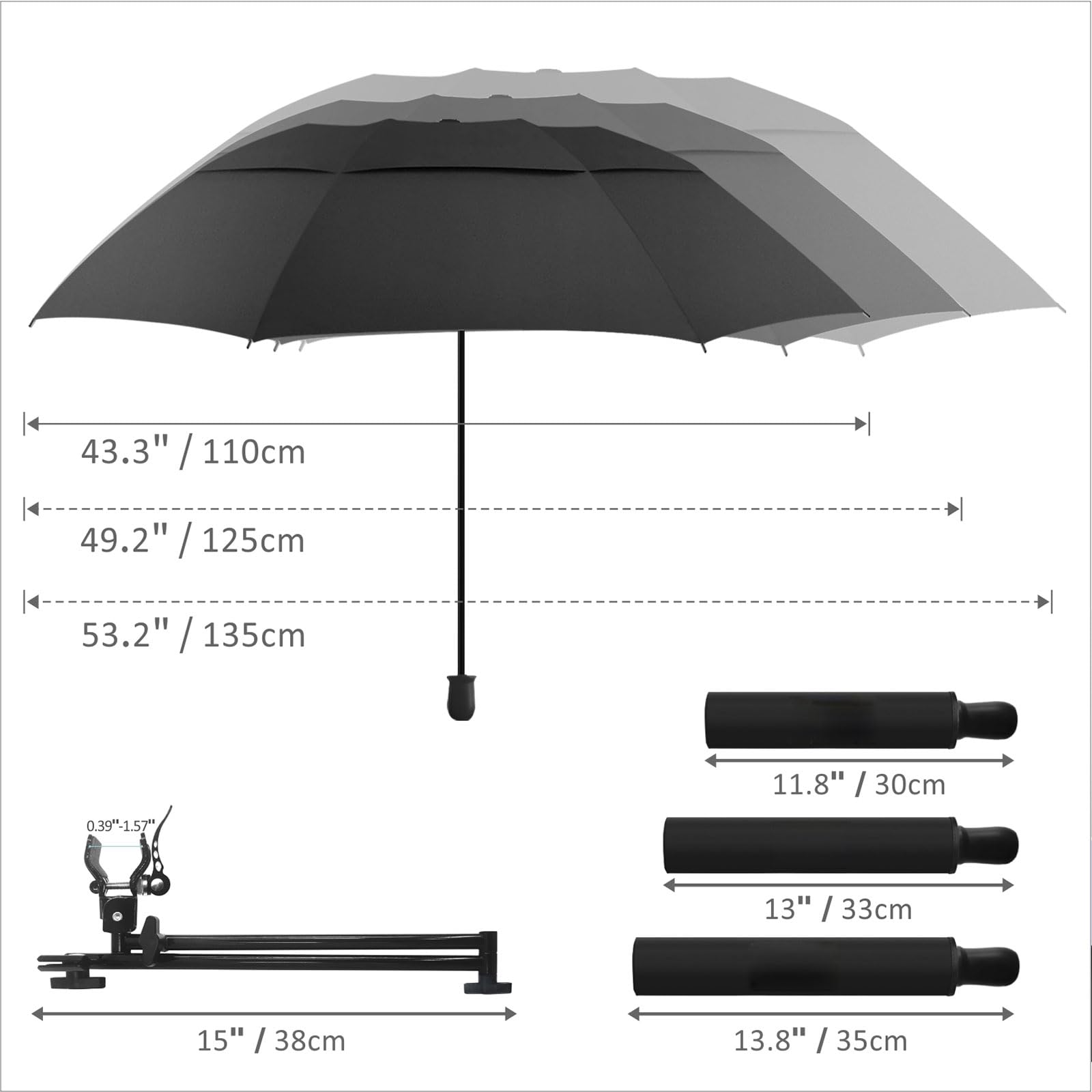 Terrassenschirm, Strandkorb, Regenschirm mit Klemmclip, Sonnenschirme für Stuhl, UPF 50+, 134 cm, verstellbarer Sonnenschirm für Camping, Outdoor (schwarz, 134 cm/Typ A)