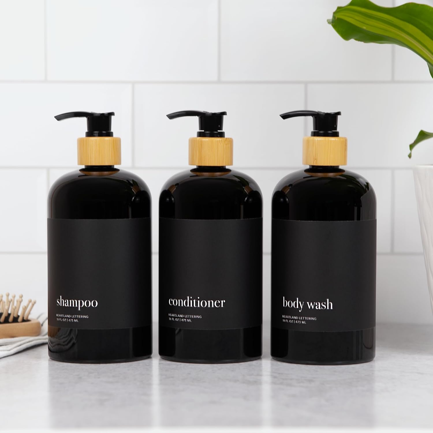 Heartland Lettering's Stylish Glossy Black Shampoo Dispensers with Matte Black Labels, Set of 3 Modern Shatterproof Plastic Bottles with Bamboo Pumps Instantly add Organization to Your Bathroom