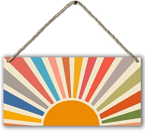 Miniatura 7 de Letrero abstracto de madera con estampado de sol y rayos de sol, estilo bohemio, para colgar en la pared, moderno de mediados de siglo, bohemio para