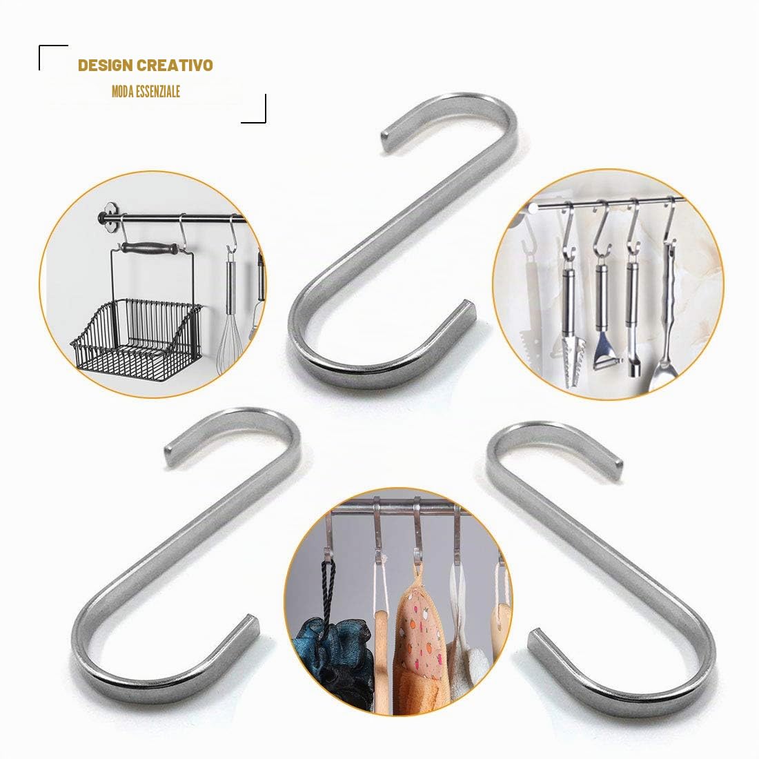 Confezione da 10 ganci a S in acciaio inox a forma di S, ganci in metallo resistenti per utensili da cucina, ufficio, bagno, armadio, officina, garage, ufficio, casa