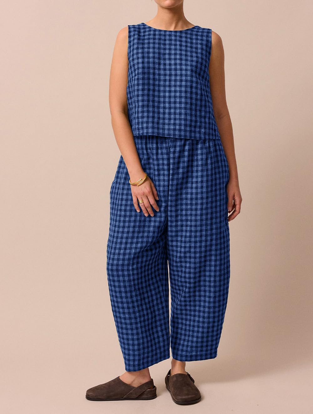 Women's Summer 2 Piece Outfits Plaid Crop Tank Top High Waisted Baggy Ankle Barrel Pants Gingham Lounge Set - Image 3