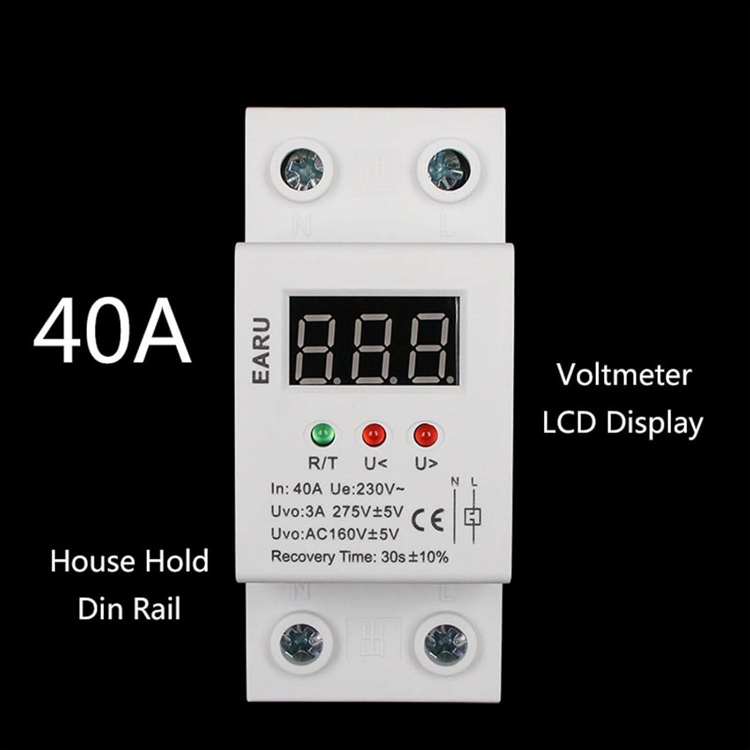 32A 40A 50A 63A 220V auto Reconnect Over Voltage Under Protection Protective Device Relay with Voltmeter Monitor(40A)